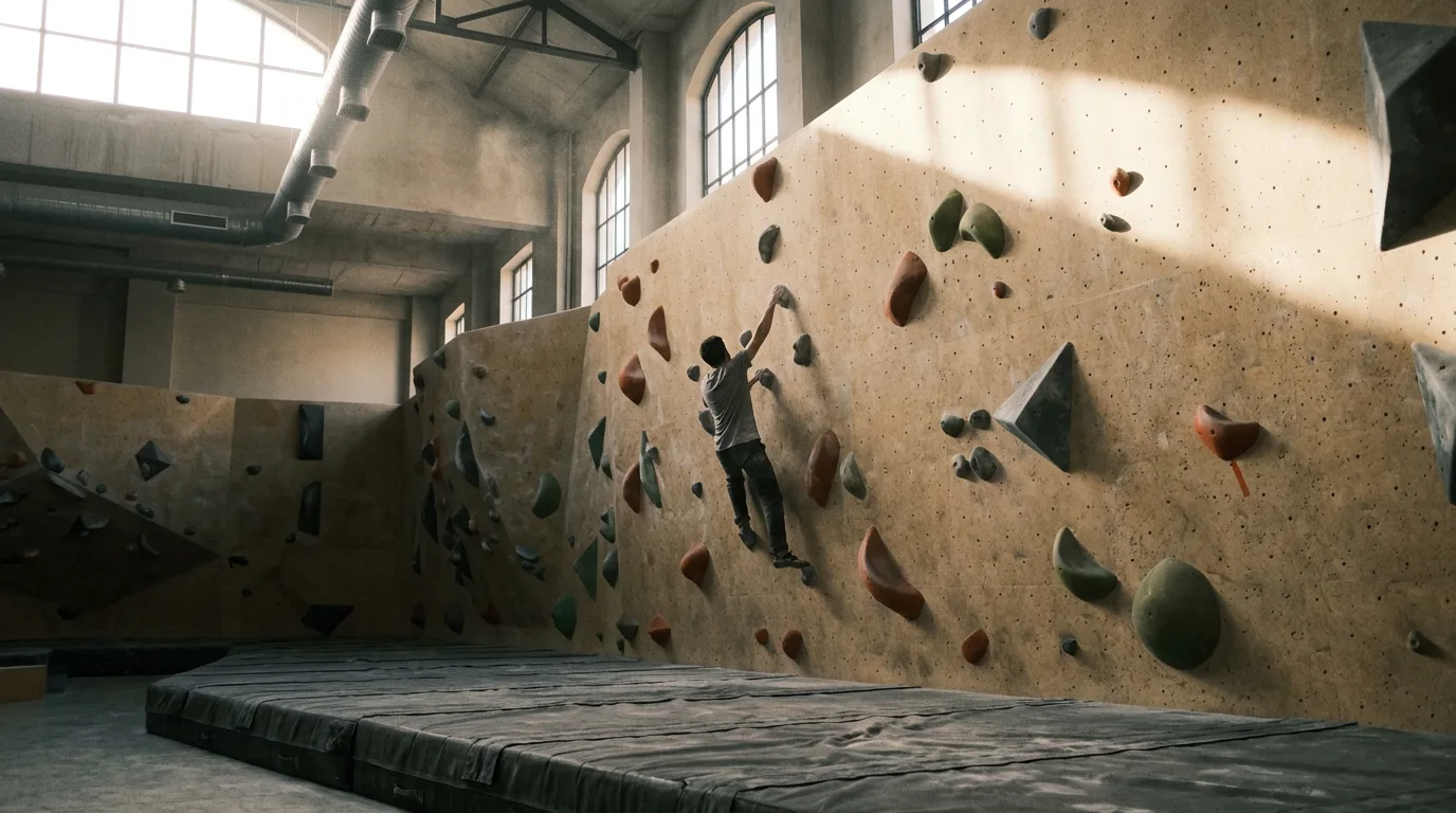 Yüksek pencerelerden gelen yumuşak ışıkla aydınlanan geniş tırmanış salonu ve duvarda tırmanan bir sporcu.